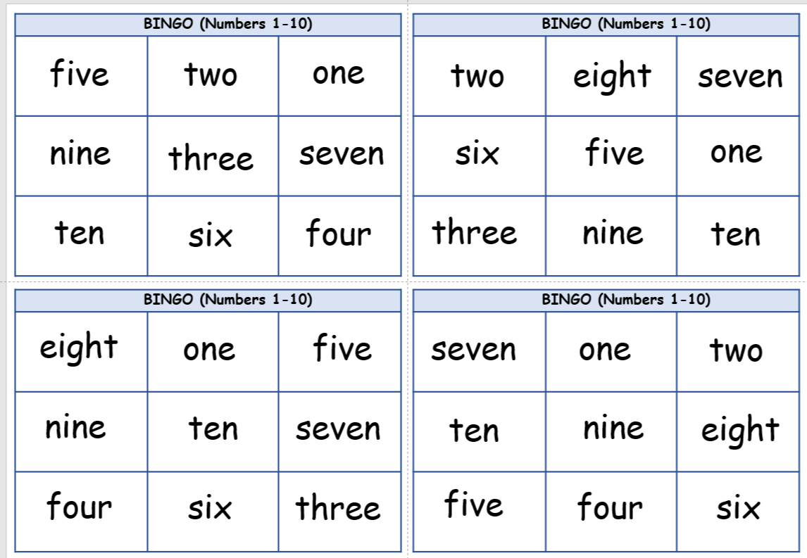 Игра “Бинго”. Числительные 1-20 на английском языке