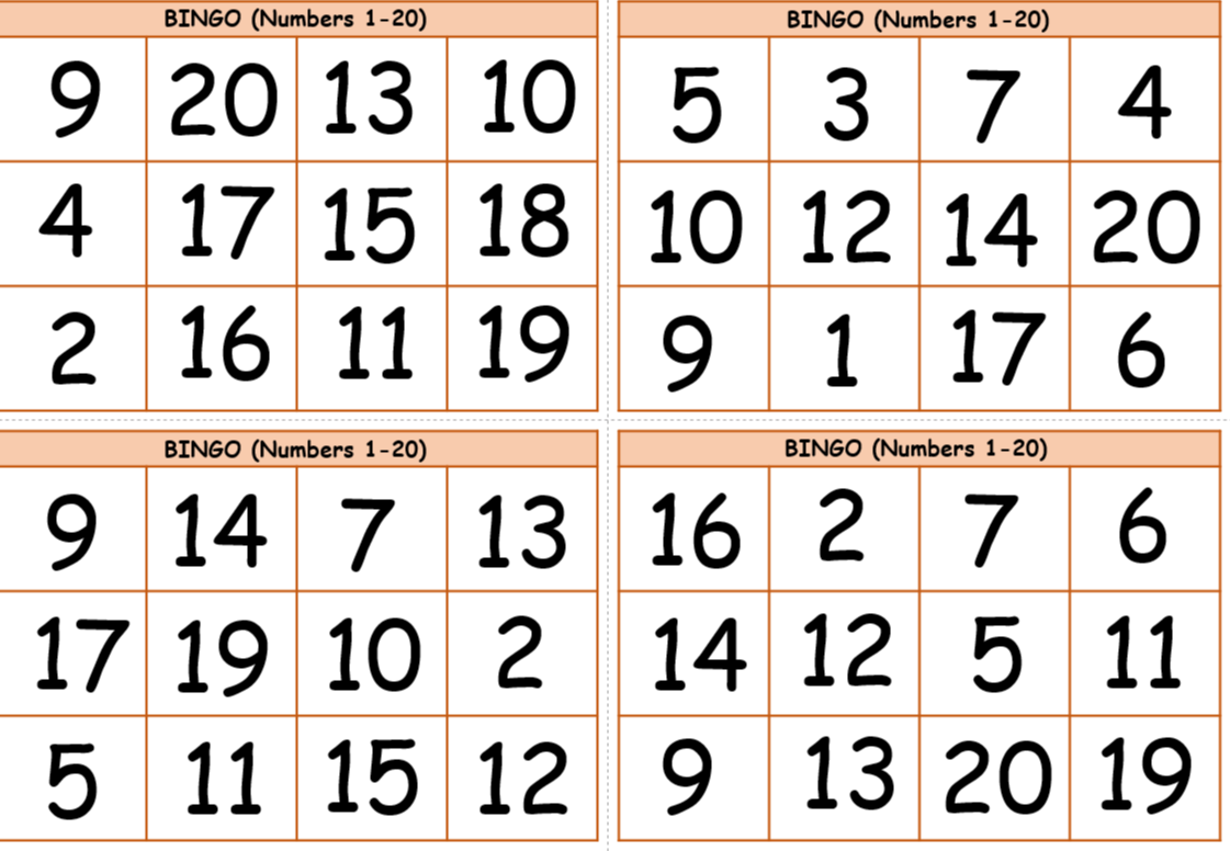 Игра “Бинго”. Числительные 1-20 на английском языке
