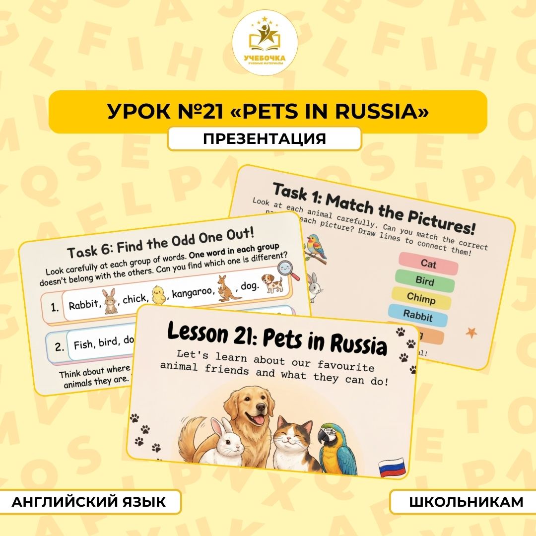 Презентация, Английский язык, 2 класс, урок  № 21 “Pets in Russia”
