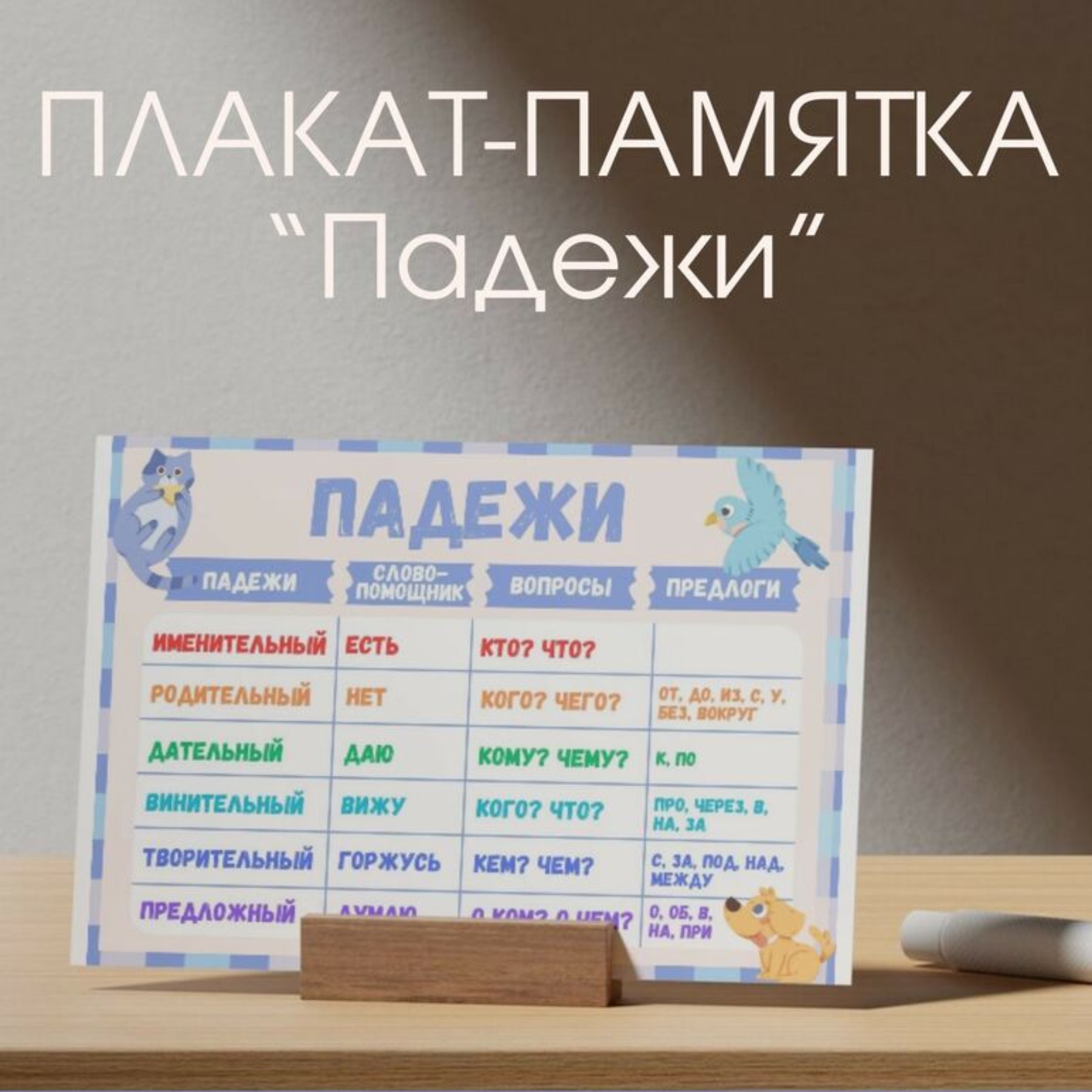 Плакат-памятка по русскому языку “Падежи”. Русский язык 2-5 класс