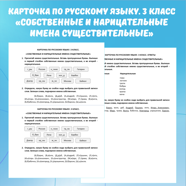 Карточка по русскому языку «Собственные и нарицательные имена существительные». 3 класс.