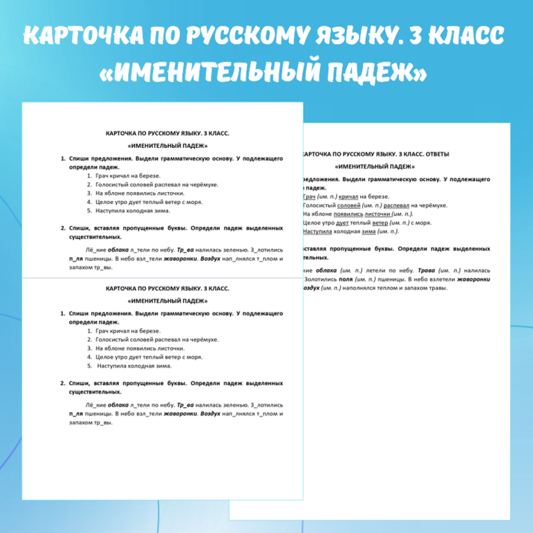 Карточка по русскому языку «Именительный падеж». 3 класс.