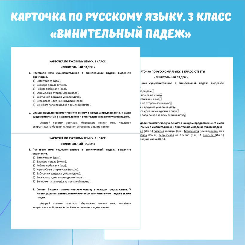 Карточка по русскому языку “Винительный падеж”. 3 класс.