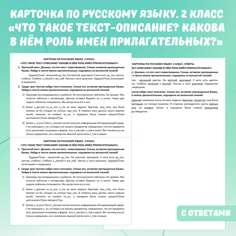 Карточка по русскому языку «Что такое текст-описание? Какова в нем роль имен прилагательных?». 2 класс.