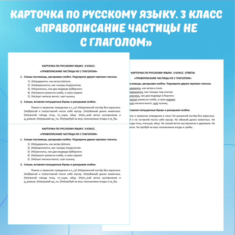 Карточка по русскому языку «Правописание частицы не с глаголом». 3 класс.