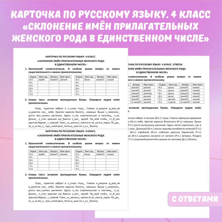 Карточка по русскому языку «Склонение имён прилагательных женского рода в единственном числе». 4 класс.