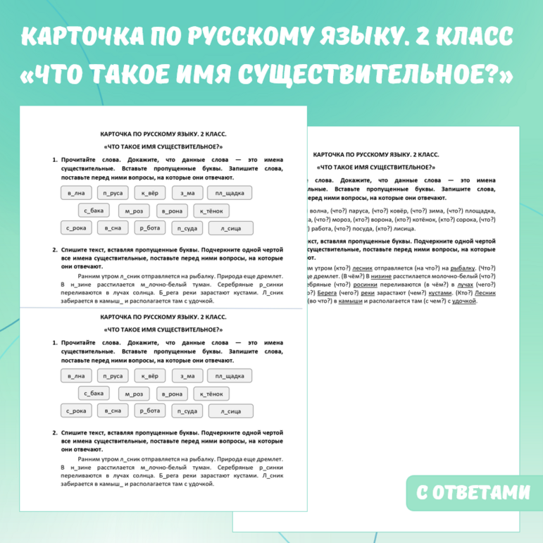 Карточка по русскому языку «Что такое имя существительное?». 2 класс.