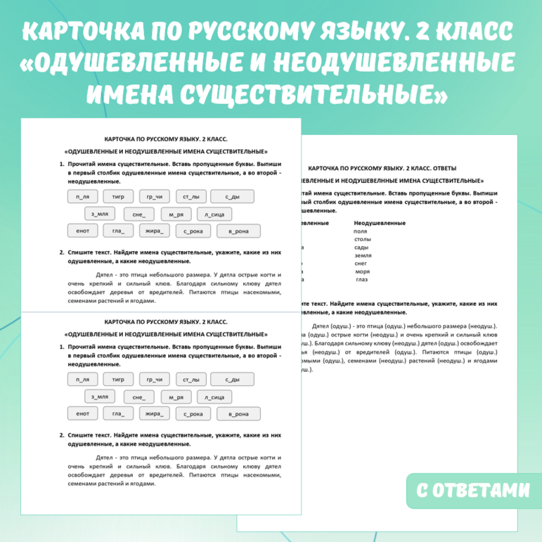 Карточка по русскому языку «Одушевленные и неодушевленные имена существительные». 2 класс.
