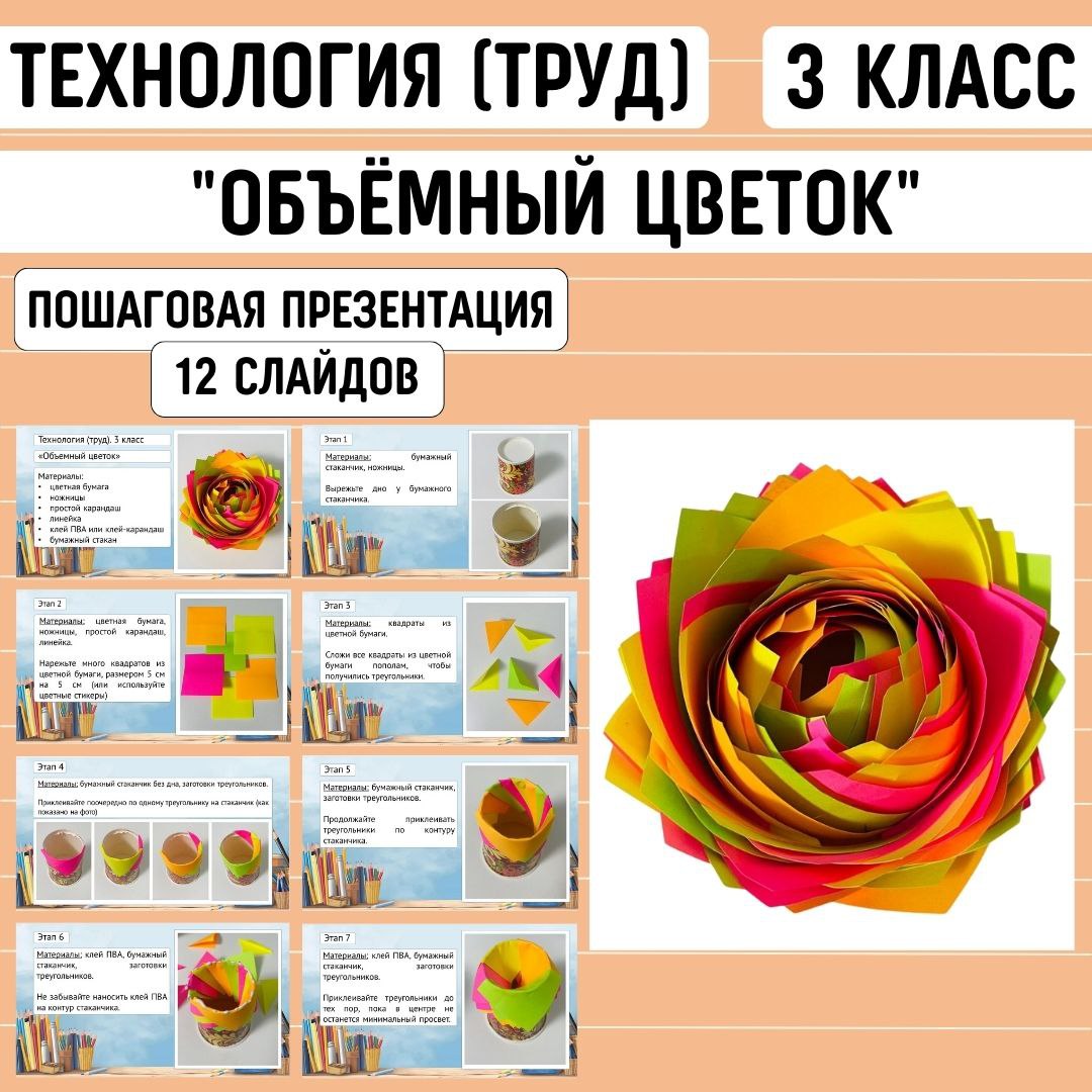 Пошаговая презентация по технологии «Объемный цветок», 3 класс