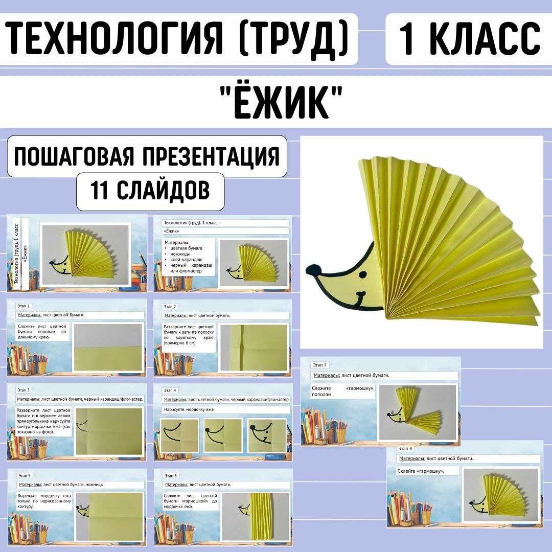 Пошаговая презентация по технологии “Ёжик”. Труд, 1 класс.