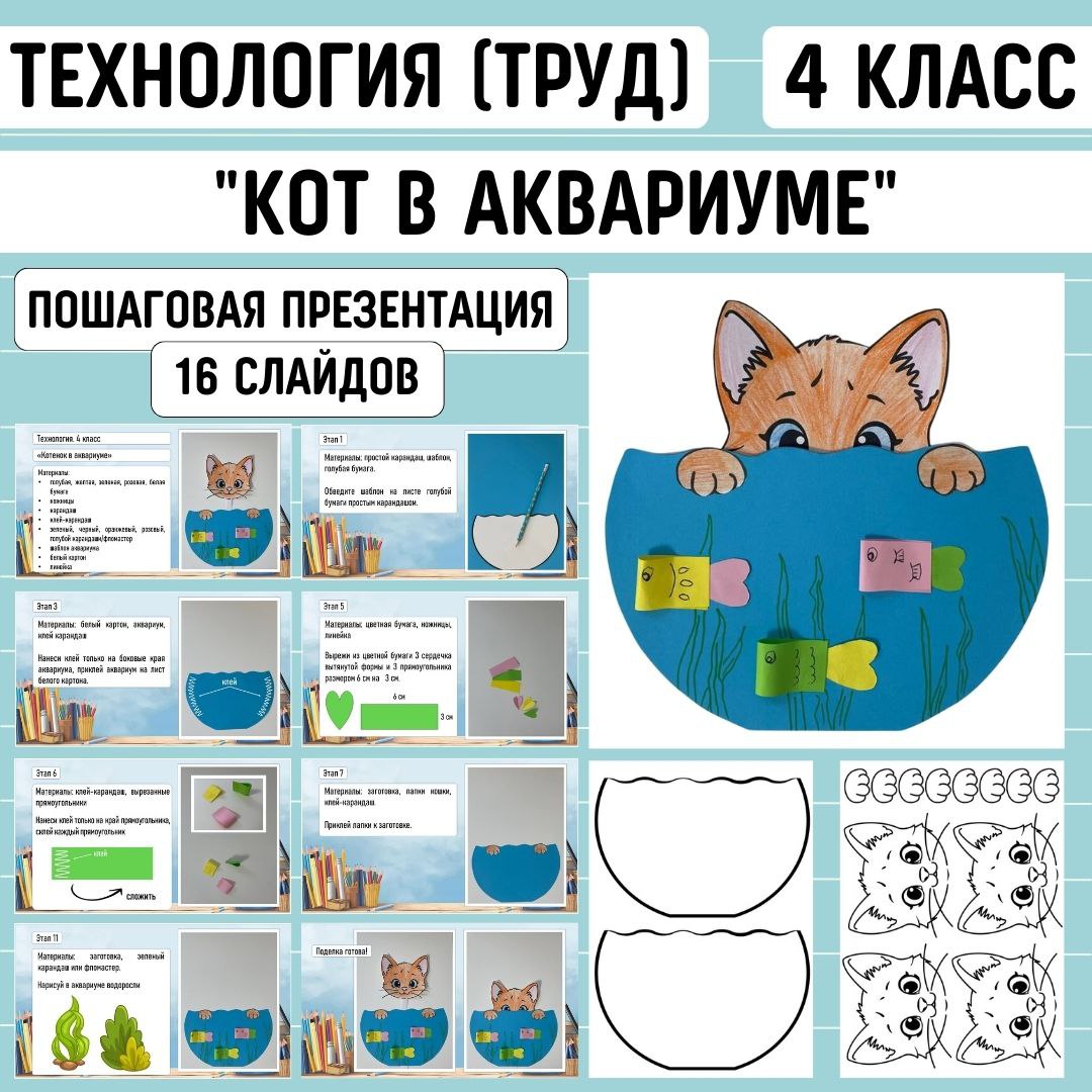 Пошаговая презентация по технологии «Кот в аквариуме», 4 класс