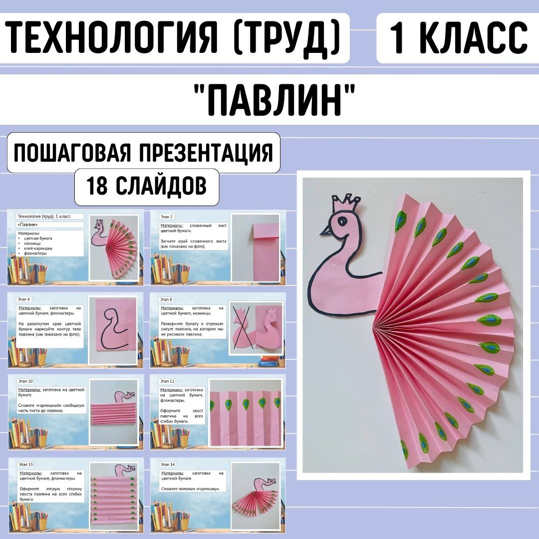 Пошаговая презентация по технологии “Павлин”, 1 класс.