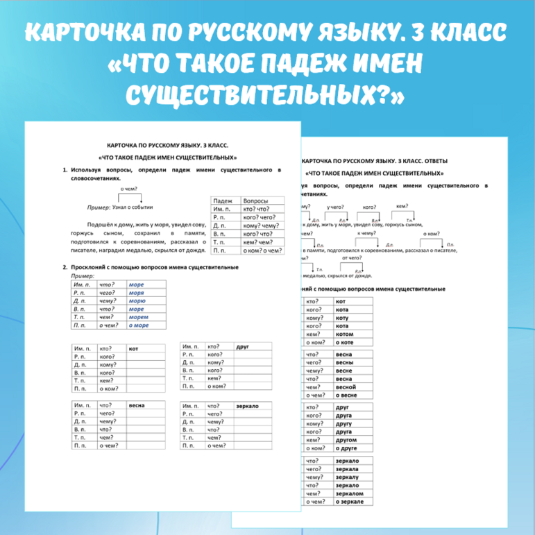 Карточка по русскому языку «Что такое падеж имен существительных?». 3 класс.